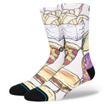NEEN CREW C SOCK 2023 - A pair of white crew socks with a repeating pattern of yellow and red snowboarders in action.