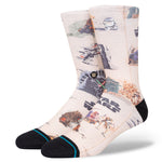 ROTJ CREW C SOCK 2023 - A pair of crew socks with a Star Wars Return of the Jedi design, featuring characters and logos in various colors on a white background.