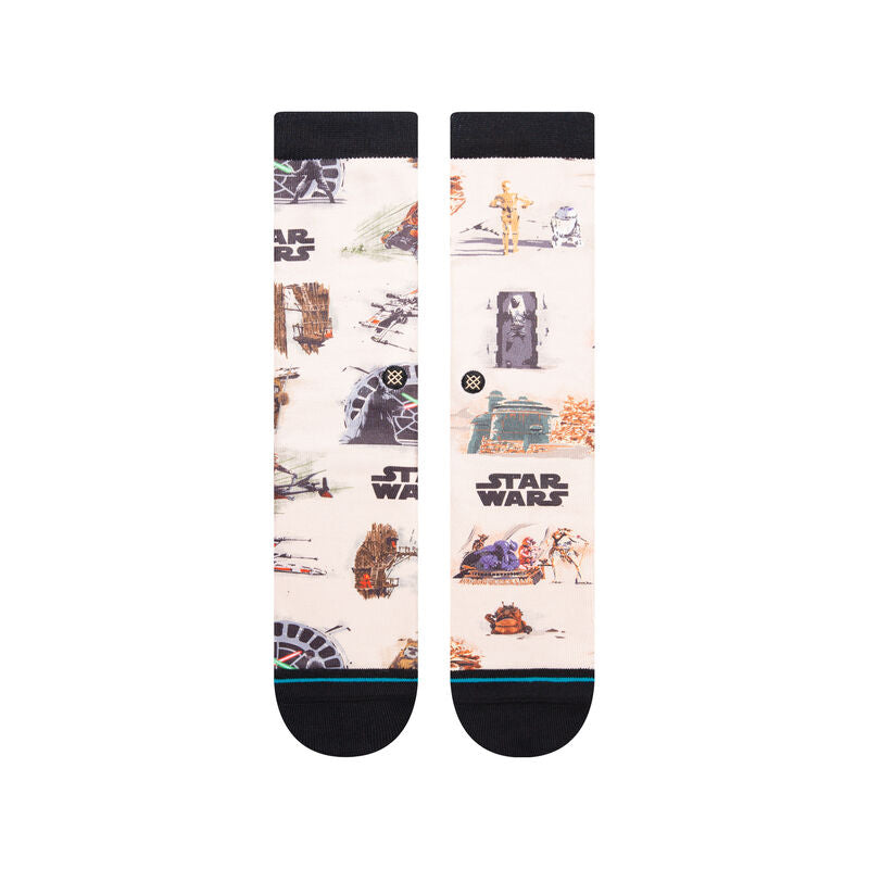 ROTJ CREW C SOCK 2023 - A pair of crew socks with a Star Wars Return of the Jedi design featuring characters and logos from the film.