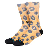 TABOO CREW C SOCK 2023 - A pair of crew socks with a leopard print design in gray on an orange background.