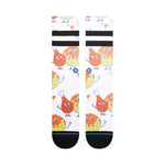 Stance Bock Bock Crew Sock 2024 - A pair of white crew socks with a repeating pattern of cartoon chickens wearing sunglasses and holding drumsticks.