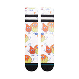 Stance Bock Bock Crew Sock 2024 - A pair of white crew socks with a repeating pattern of cartoon chickens wearing sunglasses and holding drumsticks.