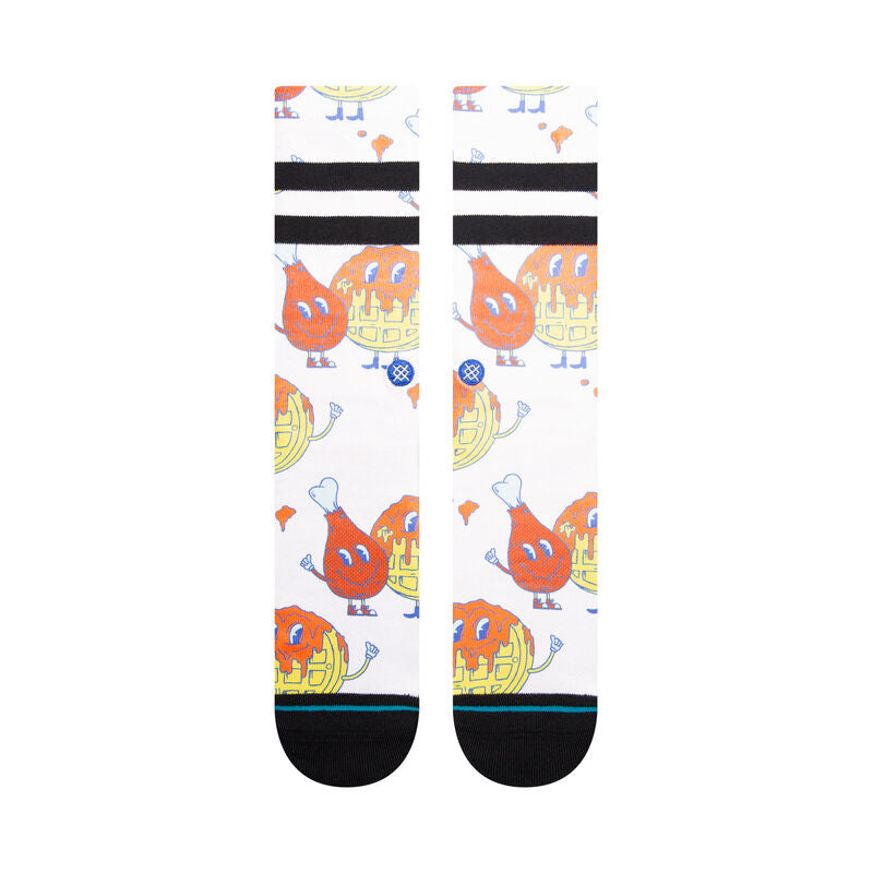 Stance Bock Bock Crew Sock 2024 - A pair of white crew socks with a repeating pattern of cartoon chickens wearing sunglasses and holding drumsticks.