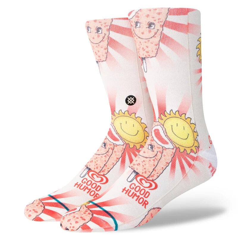Stance Good Humor Crew Sock 2024 - A pair of crew socks with a repeating pattern of smiling suns and ice cream cones in shades of pink, red, yellow, and white.