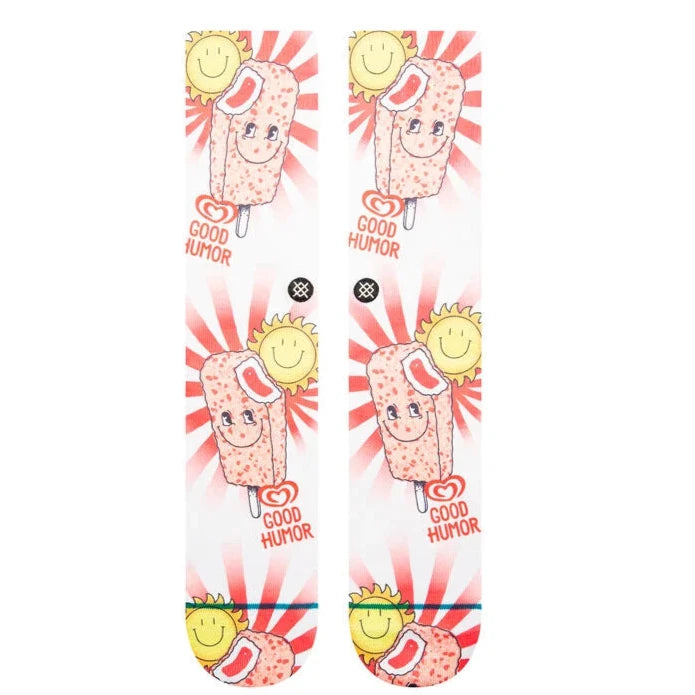 Stance Good Humor Crew Sock 2024 - A pair of crew socks featuring a playful design with an ice cream cone and the words "Good Humor" in red, set against a white background.