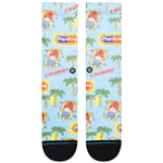POPS CREW C SOCK 2024 - A pair of white socks with a repeating pattern of red and blue popsicles on a yellow background.