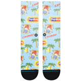 POPS CREW C SOCK 2024 - A pair of white socks with a repeating pattern of red and blue popsicles on a yellow background.