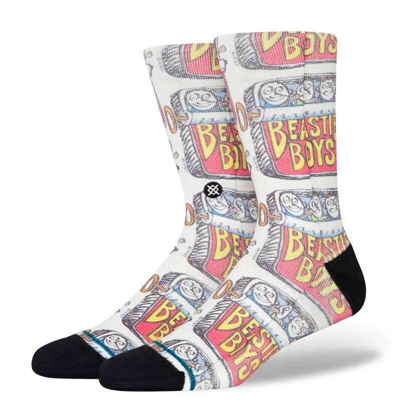 Beastie Boys X Stance Canned Poly Crew Socks 2024 - A pair of white socks with a repeating pattern of vintage-style cans featuring the words "BEASTIE BOYS" in yellow.