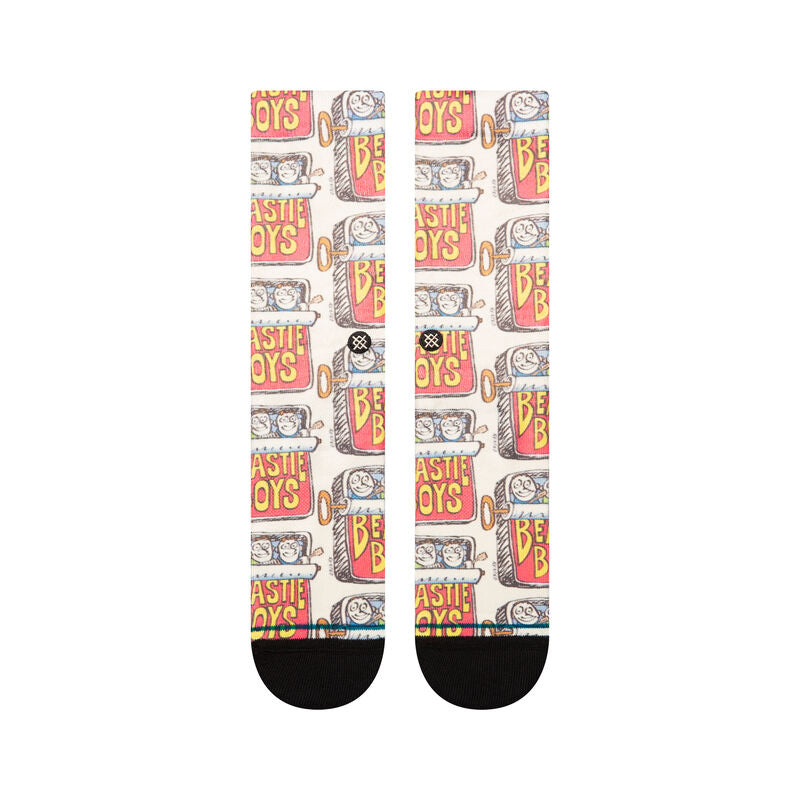 Beastie Boys X Stance Canned Poly Crew Socks 2024 - A pair of crew socks with a repeating pattern of vintage-style red and yellow cans featuring the words "BEASTIE BOYS" in yellow.