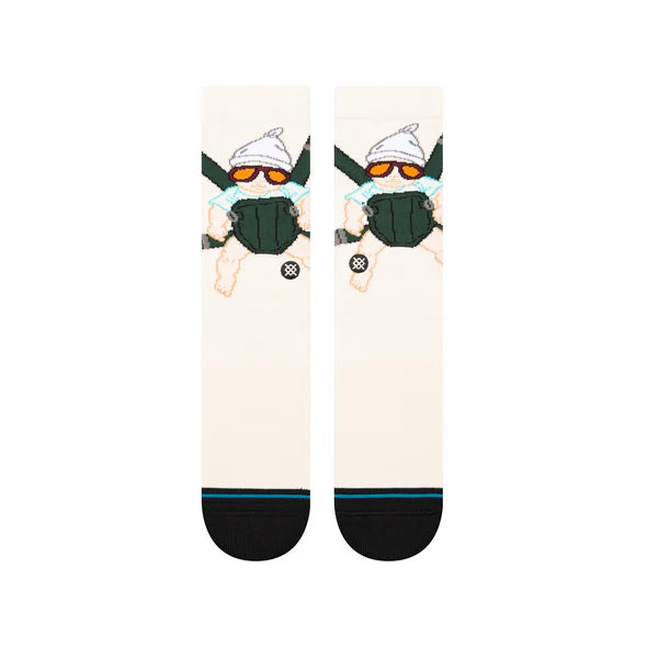 The Hangover X Stance Carlos Crew Socks 2024 - A pair of white crew socks with a cartoon graphic of a man wearing sunglasses and a hat, holding a beer bottle.