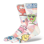 JOLLY RANCHER CREW C SOCK 2024 - A pair of crew socks with a colorful tie-dye pattern and cartoon characters from the Jolly Rancher candy brand.