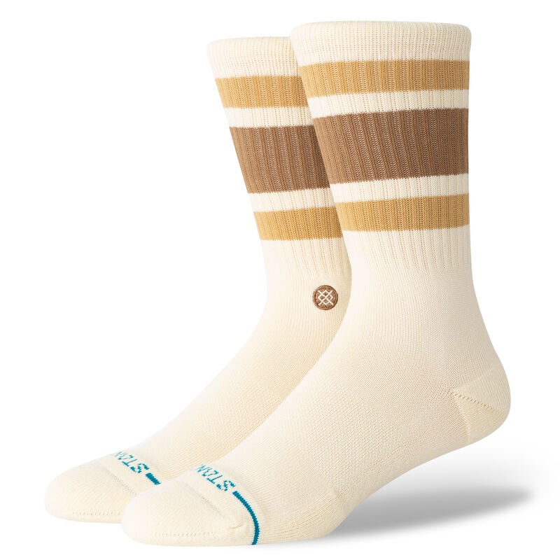 Stance Boyd St Crew Casual Sock 2025 - A pair of white crew socks with brown stripes and a small logo on the ankle.