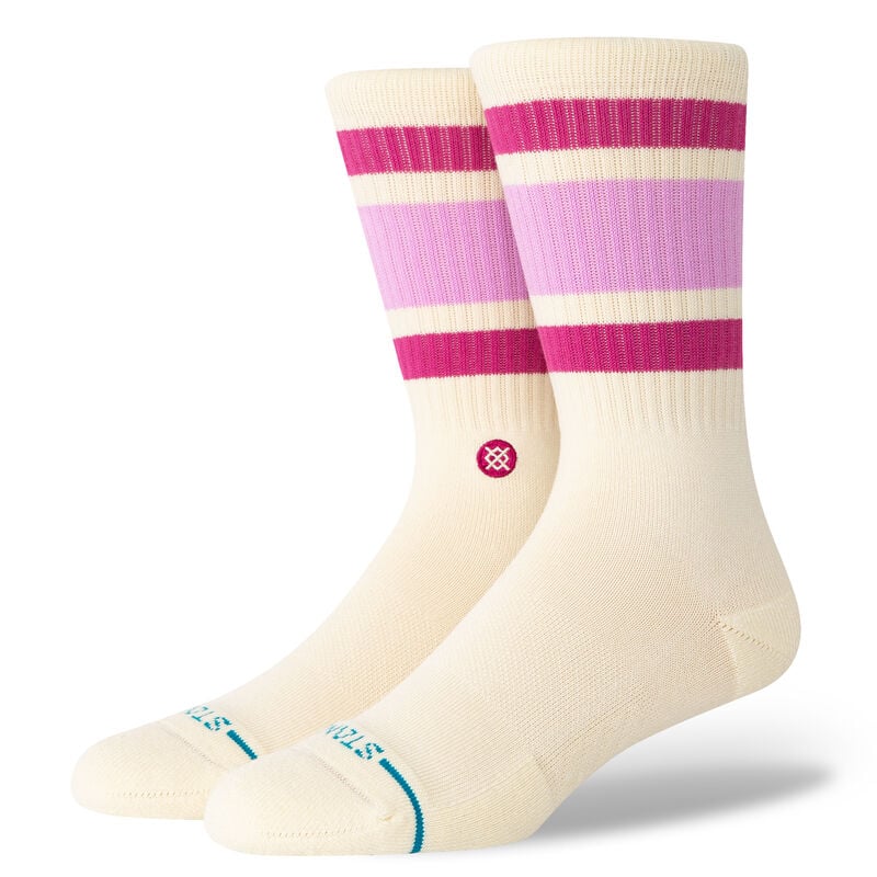 Stance Boyd St Crew Casual Sock 2025 - A pair of white crew socks with pink stripes and a small red logo on the front.