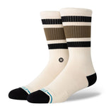 Stance Boyd St Crew Casual Sock 2025 - A pair of white crew socks with brown and black stripes on top.