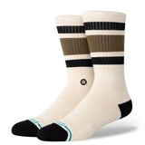Stance Boyd St Crew Casual Sock 2025 - A pair of white crew socks with brown and black stripes on top.