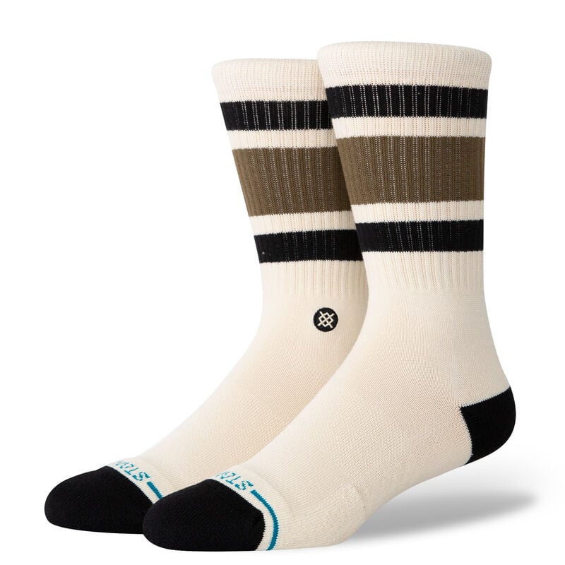 Stance Boyd St Crew Casual Sock 2025 - A pair of white crew socks with brown and black stripes on top.