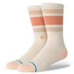 Stance Boyd St Crew Casual Sock 2025 - A pair of white crew socks with a pink stripe around the top and blue accents on the toes.