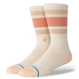 Stance Boyd St Crew Casual Sock 2025 - A pair of white crew socks with a pink stripe around the top and blue accents on the toes.