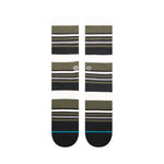 MOSSY CREW SOCK 2024 - Moss-colored crew socks with a repeating pattern of horizontal stripes in white and black.