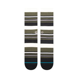 MOSSY CREW SOCK 2024 - Moss-colored crew socks with a repeating pattern of horizontal stripes in white and black.