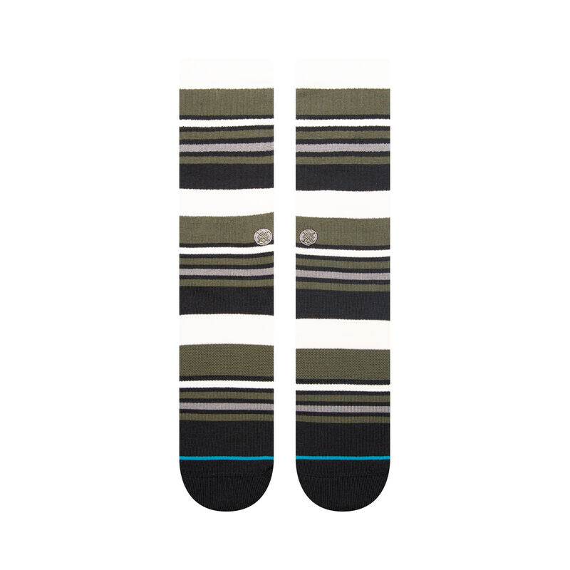 MOSSY CREW SOCK 2024 - Moss-colored crew socks with a repeating pattern of horizontal stripes in white and black.