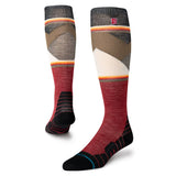 Stance X Jimmy Chin Snow Sock 2025 - A pair of snow socks with a brown and tan mountain design, featuring a red base color.