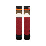 Stance X Jimmy Chin Snow Sock 2025 - A pair of snow socks with a brown and tan chevron pattern at the top, featuring a white mountain peak in the center.