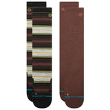 Stance Venture Snow Sock 2-Pack - A pair of brown snow socks with a repeating pattern of thin yellow and green stripes.