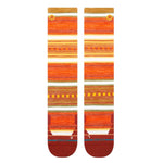 Stance Windy Pine Ultralight Wool Snow Sock 2025 - A pair of orange and brown striped snow socks with a repeating pine tree pattern.