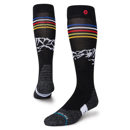 Stance Jimmy Chin Fish Tail Snow Sock 2023 - A pair of black snow socks with a fish tail design on the top, featuring blue and red stripes.