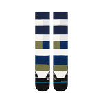 Limitations Sb Sock 2022 - A pair of navy blue, white, and olive green socks with a repeating pattern of geometric shapes.