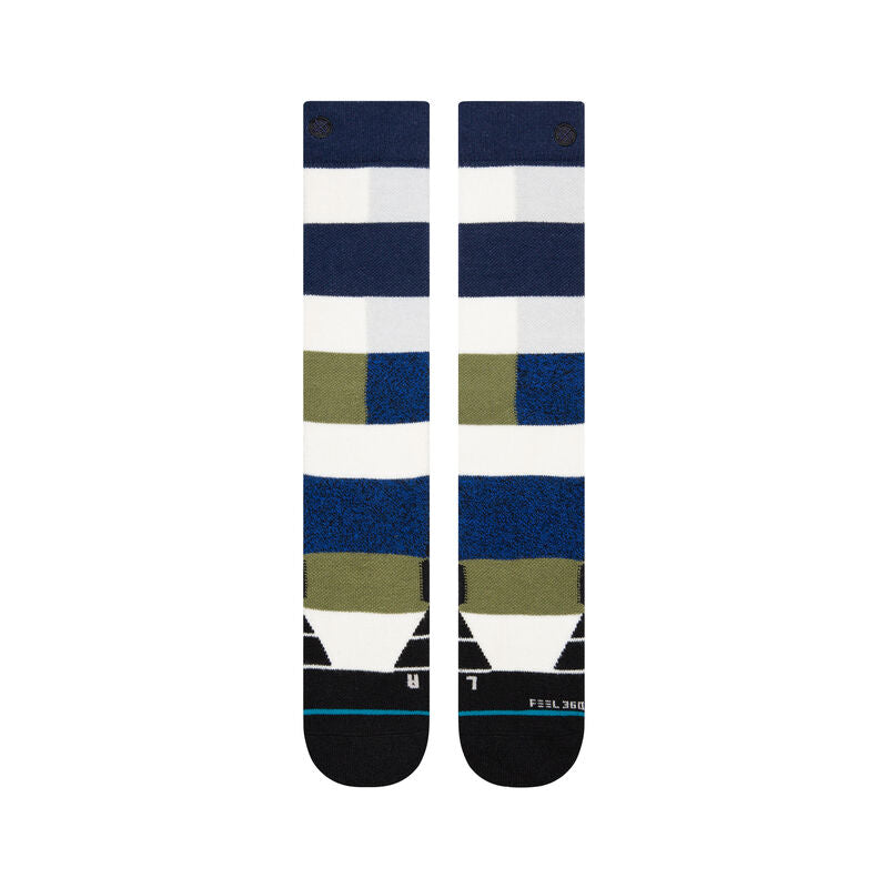 Limitations Sb Sock 2022 - A pair of navy blue, white, and olive green socks with a repeating pattern of geometric shapes.