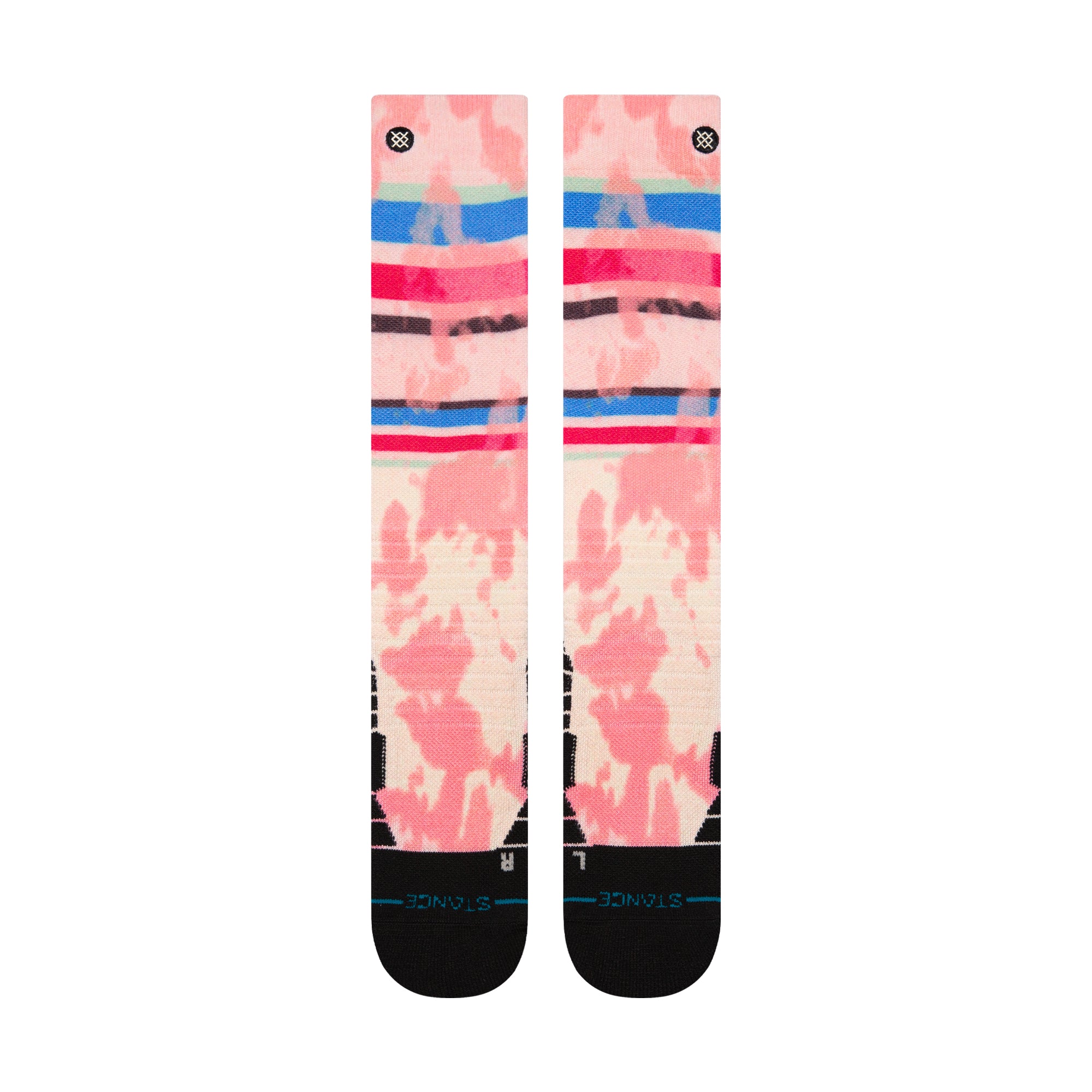 Stance Brong Snow Sock 2025 - A pair of snow socks with a pink and blue pattern on a white background.