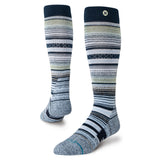 Stance Curren Snow Sock 2025 - A pair of snow socks with a light blue and white striped pattern, featuring dark gray accents at the top and heel.