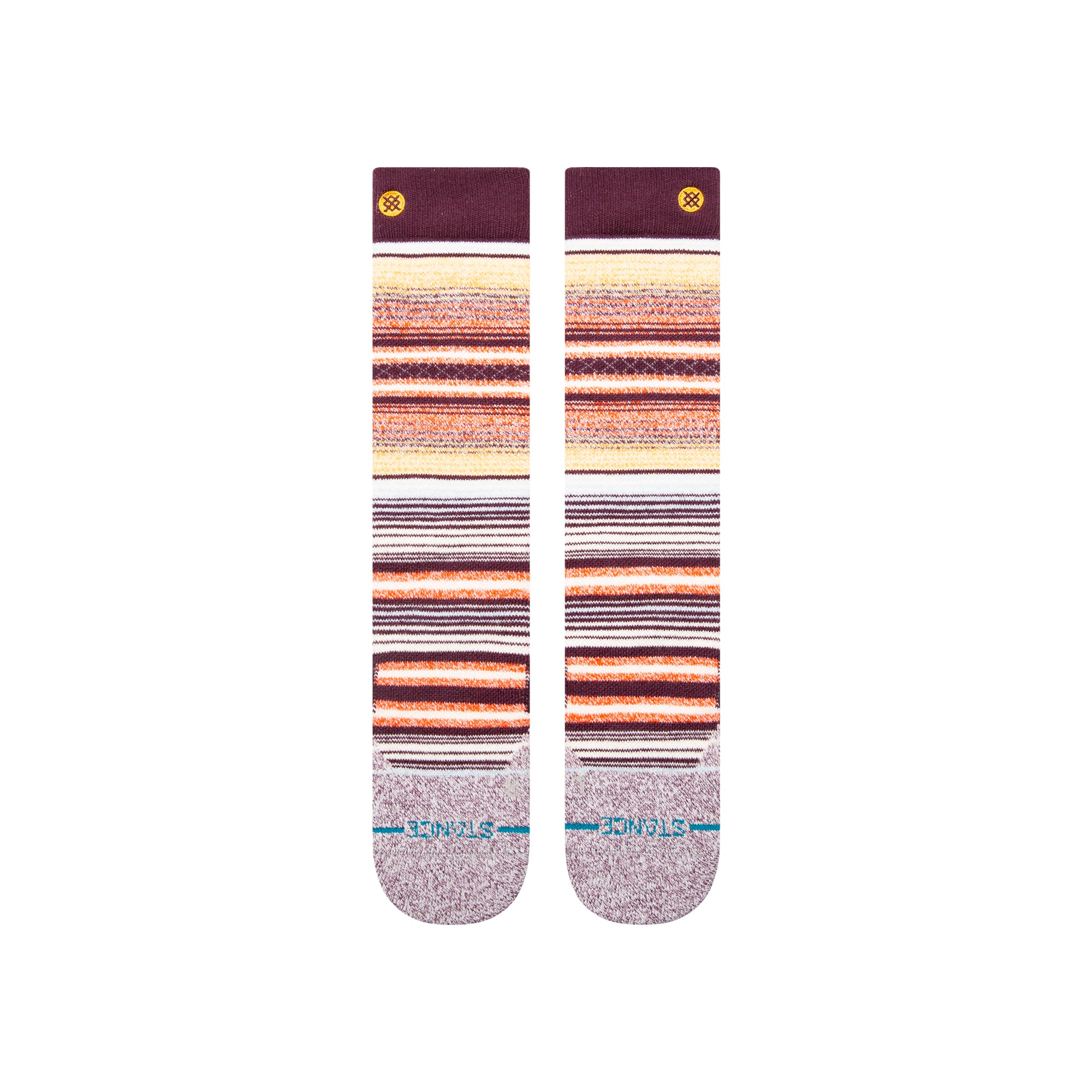 Stance Curren Snow Sock 2025 - A pair of snow socks with a predominantly white base, featuring horizontal stripes in shades of orange and brown.