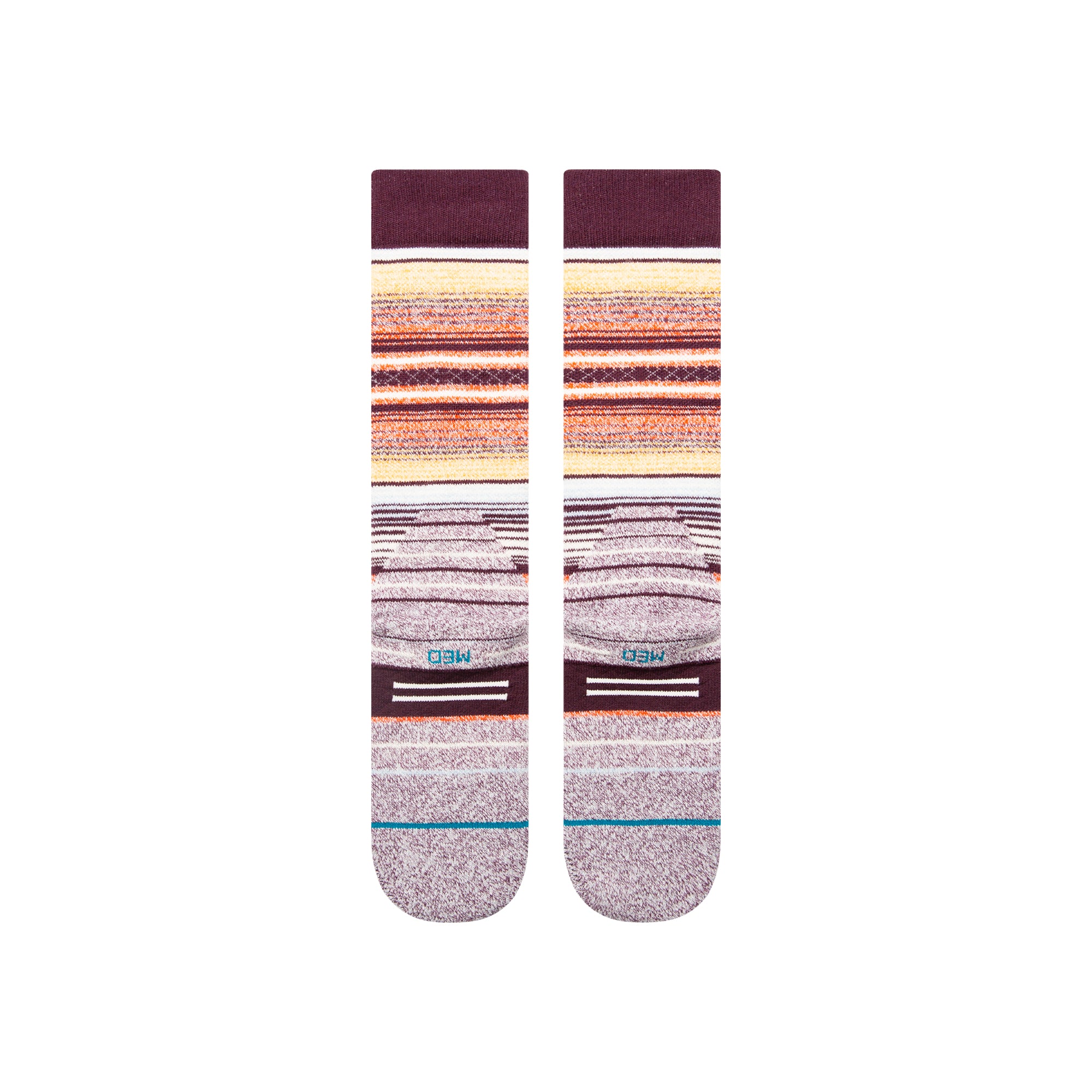 Stance Curren Snow Sock 2025 - A pair of snow socks with a predominantly white base, featuring horizontal stripes in shades of orange and yellow at the top, and thin blue lines near the toes.