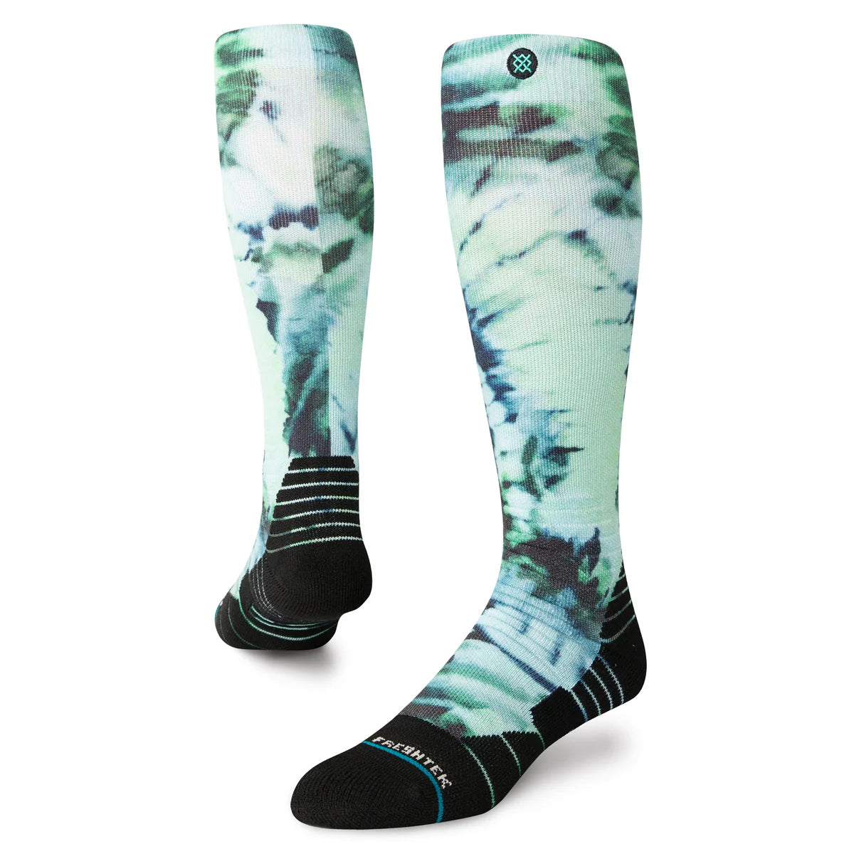 Stance Micro Dye Snow Sock 2025 - A pair of snow socks with a tie-dye pattern in shades of blue and green.