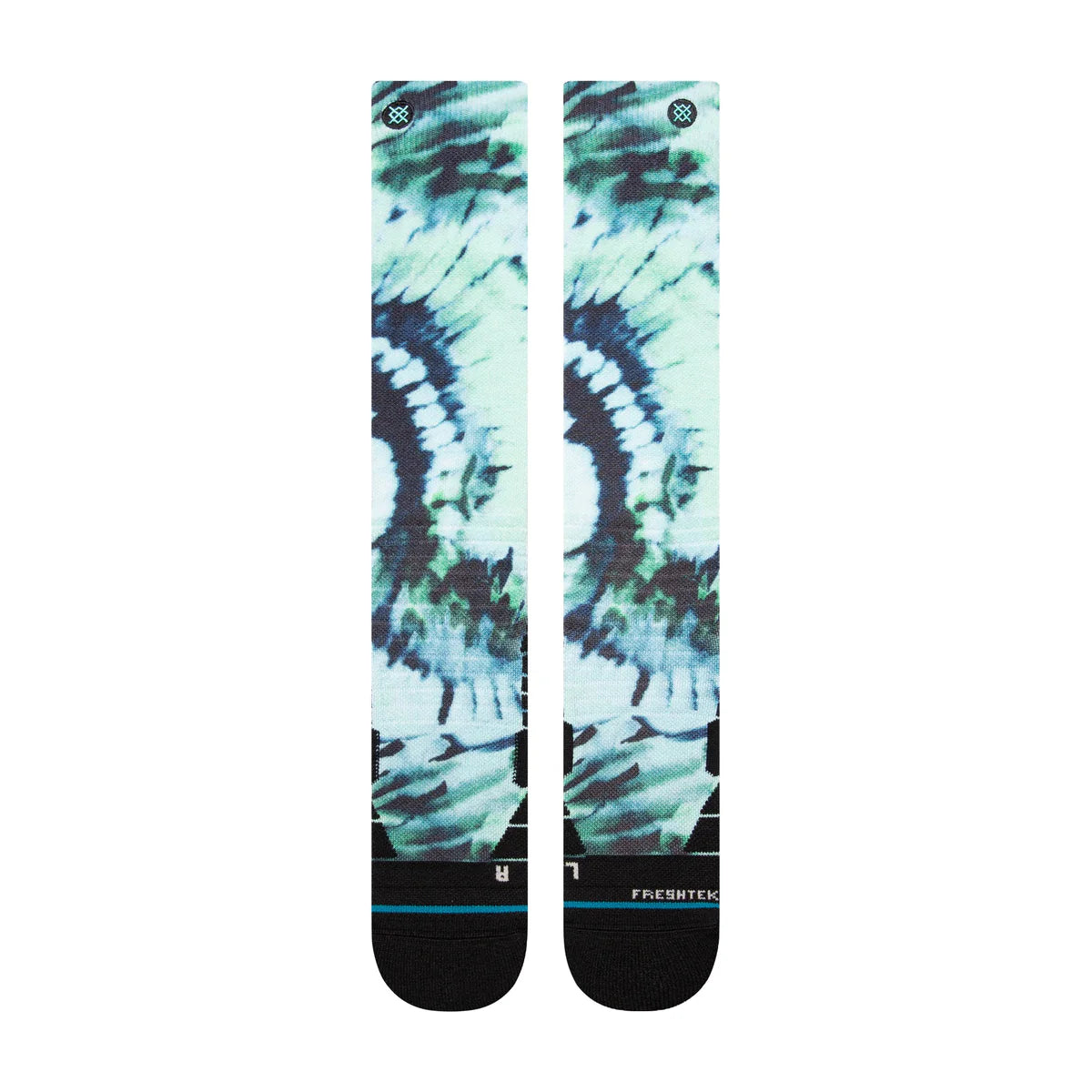 Stance Micro Dye Snow Sock 2025 - A pair of snow socks with a tie-dye pattern in shades of blue and green.