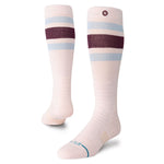 Stance Boyd Snow Sock 2025 - White snow socks with a dark maroon stripe and light blue stripes.