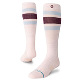 Stance Boyd Snow Sock 2025 - White snow socks with a dark maroon stripe and light blue stripes.