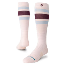 Stance Boyd Snow Sock 2025 - White snow socks with a dark maroon stripe and light blue stripes.