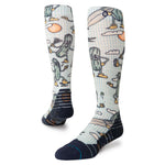 Stance Feeling Pickled Snow Sock 2025 - A pair of knee-high socks with a light blue grid pattern, featuring cartoon pickles and clouds in various poses.