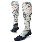 Stance Feeling Pickled Snow Sock 2025 - A pair of knee-high socks with a light blue grid pattern, featuring cartoon pickles and clouds in various poses.