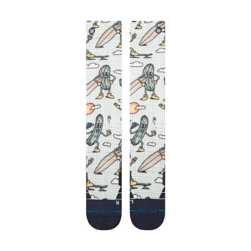 Stance Feeling Pickled Snow Sock 2025 - A pair of snow socks with a light blue background featuring cartoon pickles wearing goggles and helmets, some holding skis or snowboards.