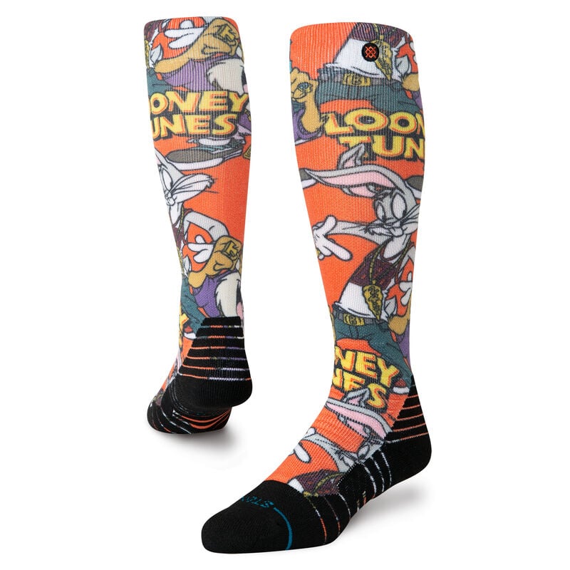 Stance X Looney Tunes Snow Sock 2025 - Looney Tunes characters on an orange background with white and yellow accents.