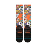 Stance X Looney Tunes Snow Sock 2025 - Looney Tunes characters in purple, white and orange on an orange background.