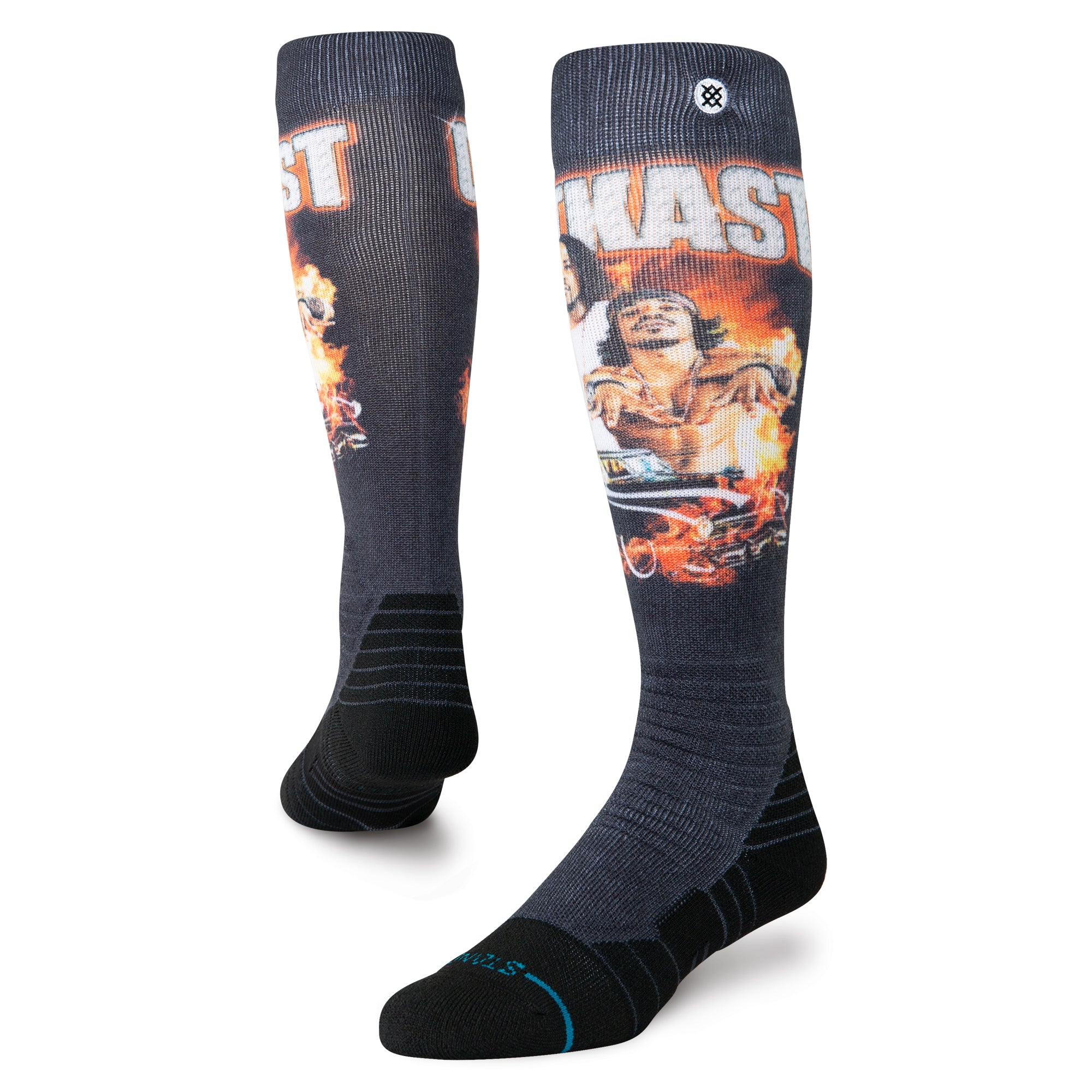 Stance X Outkast Snow Sock 2025 - A pair of black snow socks with a white and orange "OutKast" logo on the top cuff.
