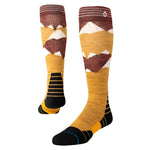Stance Windy Peaks Snow Sock 2025 - A pair of snow socks with a brown, white and yellow mountain design on them.
