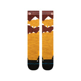 Stance Windy Peaks Snow Sock 2025 - A pair of snow socks with a brown and yellow color scheme, featuring a mountain range design on top.