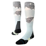 Stance Windy Peaks Snow Sock 2025 - A pair of snow socks with a gray and white mountain range design on the top portion.